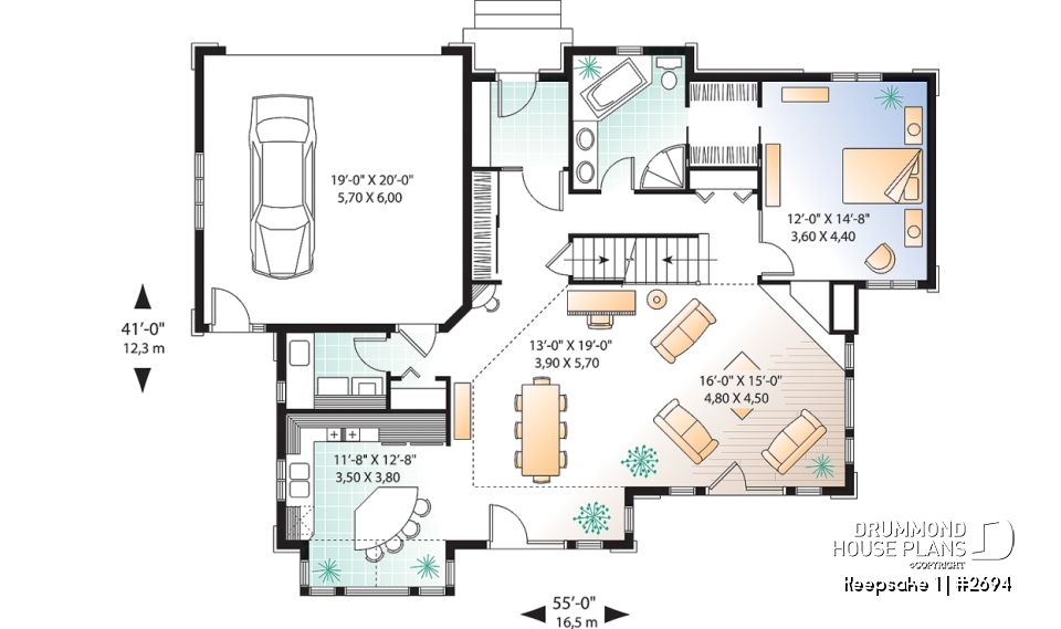 1st level - Panoramic view cottage plan, master on main floor, 2-car garage, 4 bedrooms, laundry room - Keepsake 1