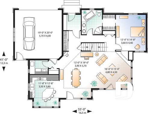 1st level - Panoramic view cottage plan, master on main floor, 2-car garage, 4 bedrooms, laundry room - Keepsake 1