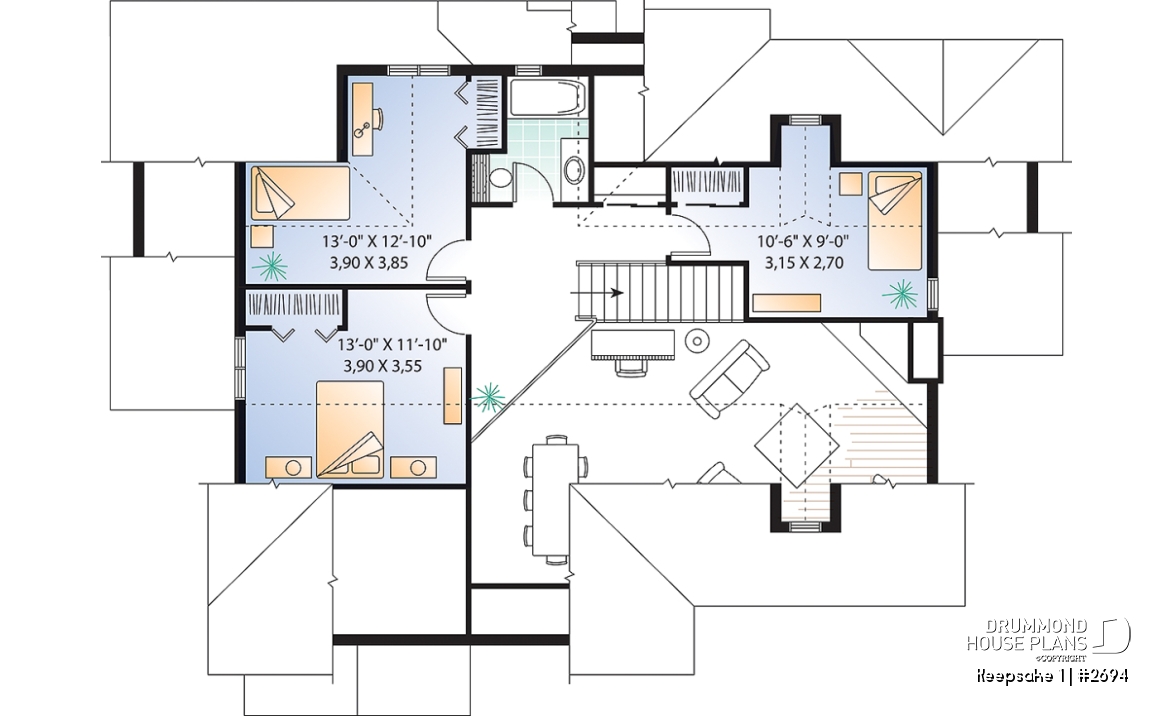 2nd level - Panoramic view cottage plan, master on main floor, 2-car garage, 4 bedrooms, laundry room - Keepsake 1