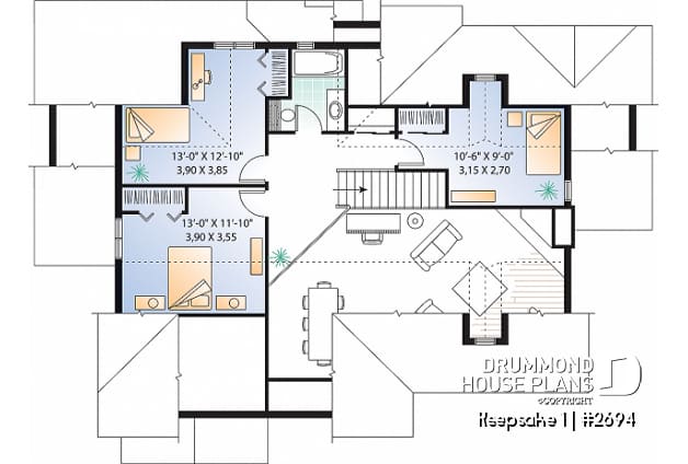 2nd level - Panoramic view cottage plan, master on main floor, 2-car garage, 4 bedrooms, laundry room - Keepsake 1