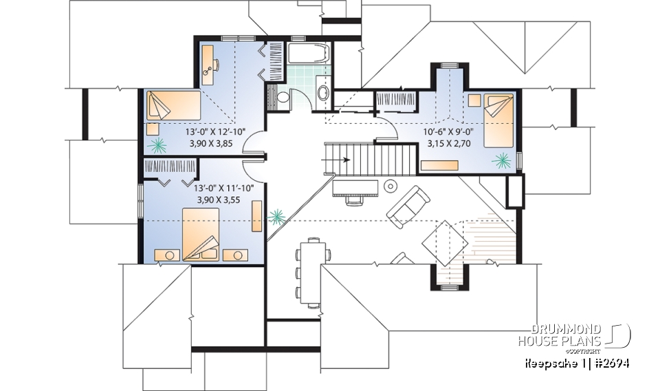 2nd level - Panoramic view cottage plan, master on main floor, 2-car garage, 4 bedrooms, laundry room - Keepsake 1