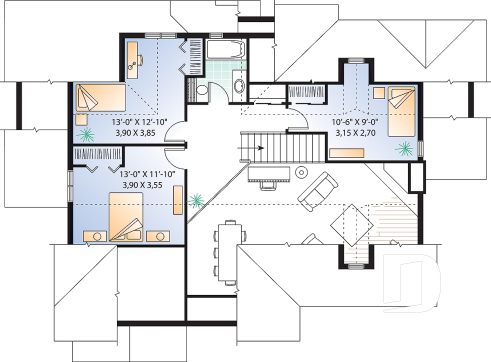 2nd level - Panoramic view cottage plan, master on main floor, 2-car garage, 4 bedrooms, laundry room - Keepsake 1