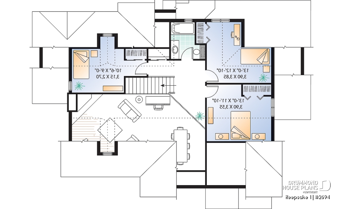 2nd level - Panoramic view cottage plan, master on main floor, 2-car garage, 4 bedrooms, laundry room - Keepsake 1
