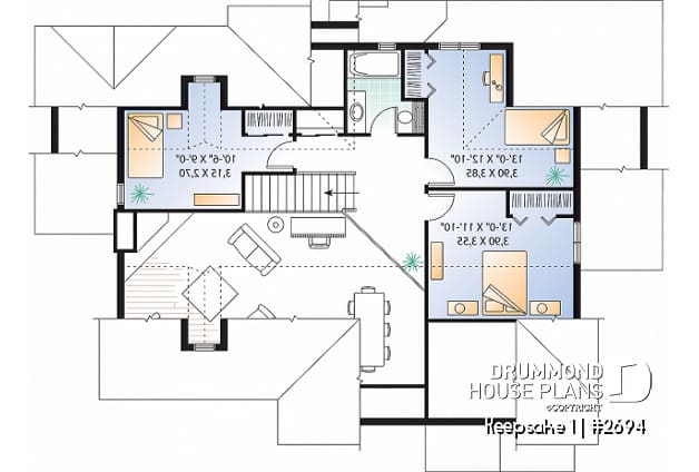 2nd level - Panoramic view cottage plan, master on main floor, 2-car garage, 4 bedrooms, laundry room - Keepsake 1