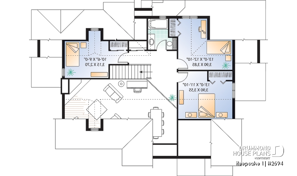 2nd level - Panoramic view cottage plan, master on main floor, 2-car garage, 4 bedrooms, laundry room - Keepsake 1