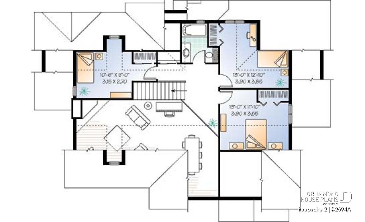 2nd level - Beautiful Craftsman house plan with open floor plan concept, large deck, 4 bedrooms, mezzanine, fireplace - Keepsake 2
