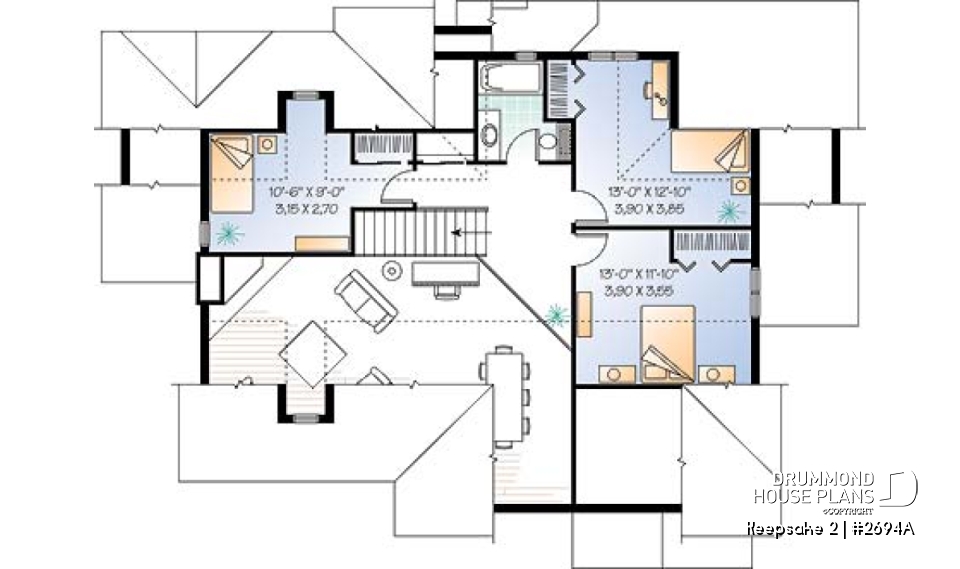2nd level - Beautiful Craftsman house plan with open floor plan concept, large deck, 4 bedrooms, mezzanine, fireplace - Keepsake 2