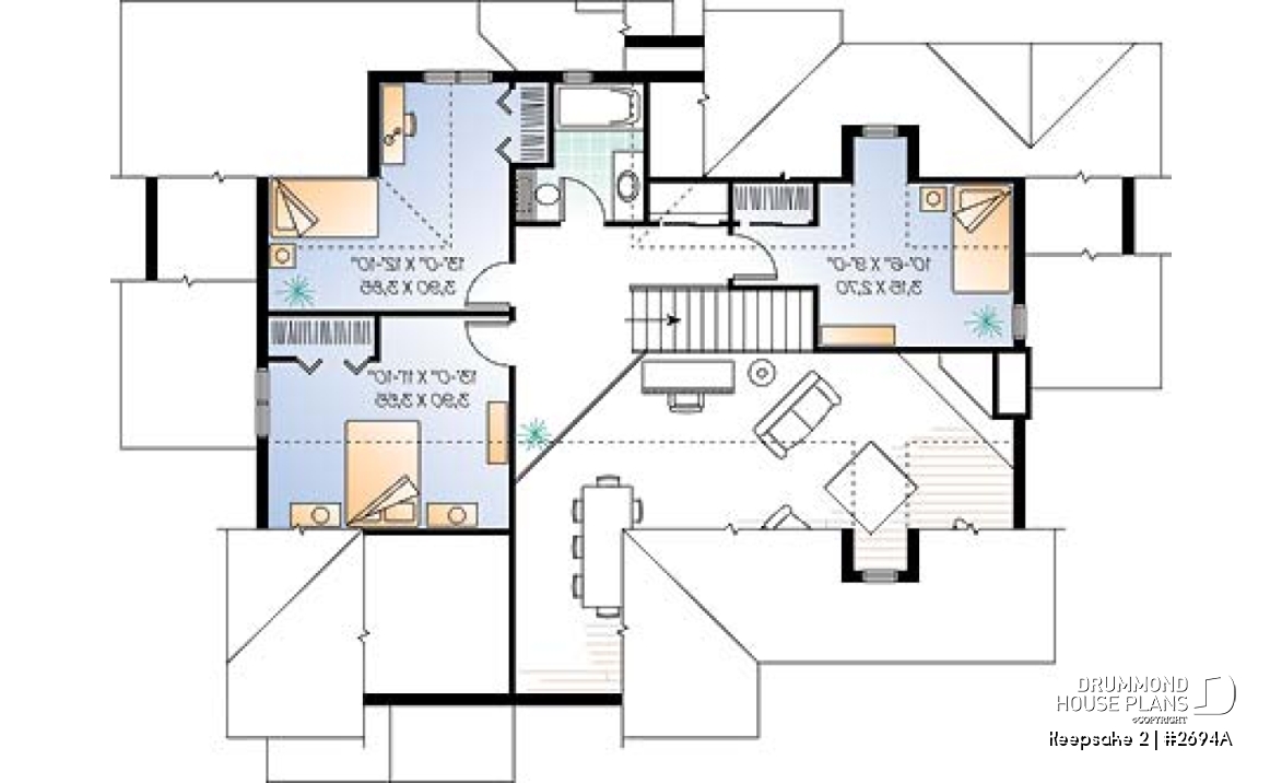 2nd level - Beautiful Craftsman house plan with open floor plan concept, large deck, 4 bedrooms, mezzanine, fireplace - Keepsake 2