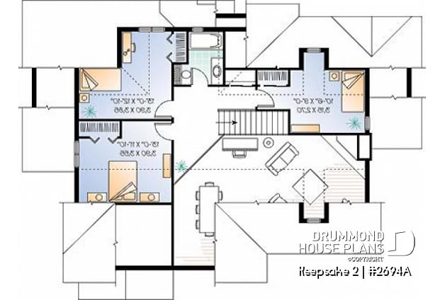2nd level - Beautiful Craftsman house plan with open floor plan concept, large deck, 4 bedrooms, mezzanine, fireplace - Keepsake 2