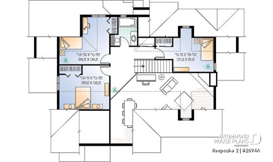 2nd level - Beautiful Craftsman house plan with open floor plan concept, large deck, 4 bedrooms, mezzanine, fireplace - Keepsake 2