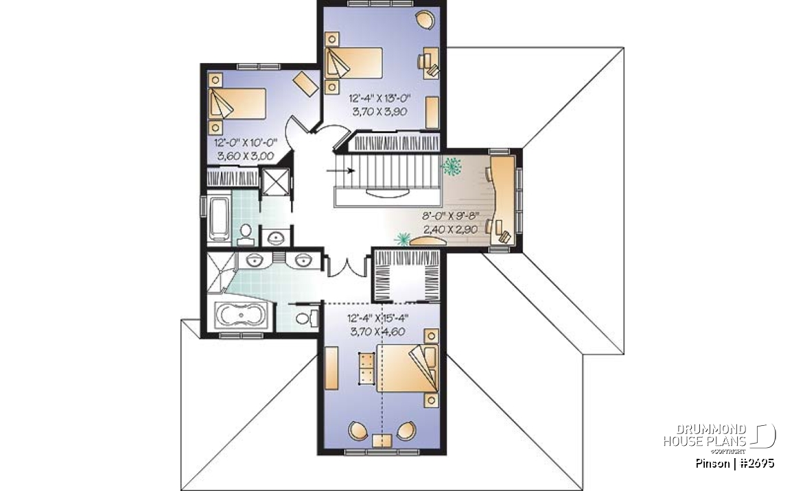 2nd level - Mediteranean style house plan,open floor plan, central  fireplace, laundry room, master suite, computer area - Pinson