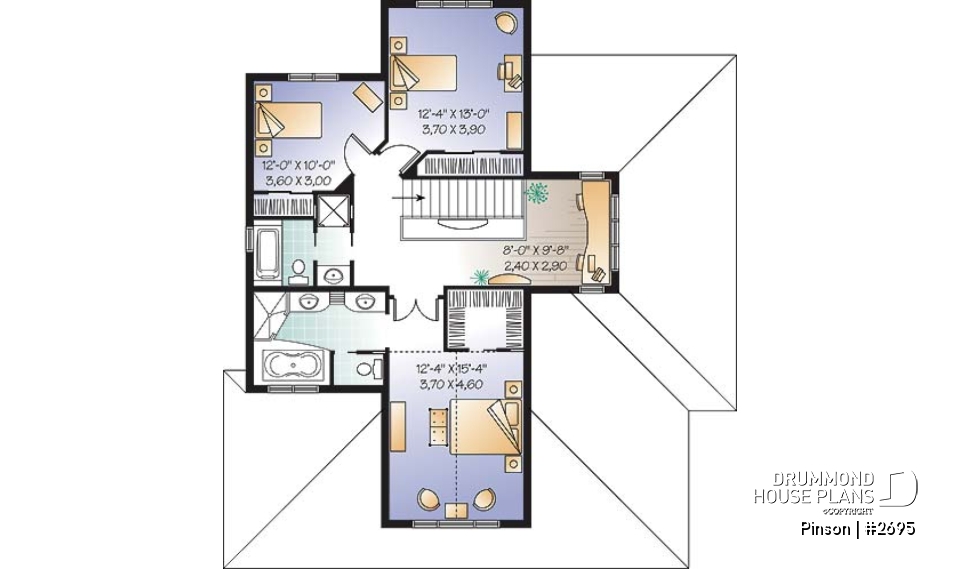 2nd level - Mediteranean style house plan,open floor plan, central  fireplace, laundry room, master suite, computer area - Pinson