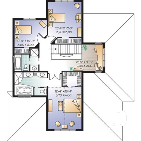 2nd level - Mediteranean style house plan,open floor plan, central  fireplace, laundry room, master suite, computer area - Pinson