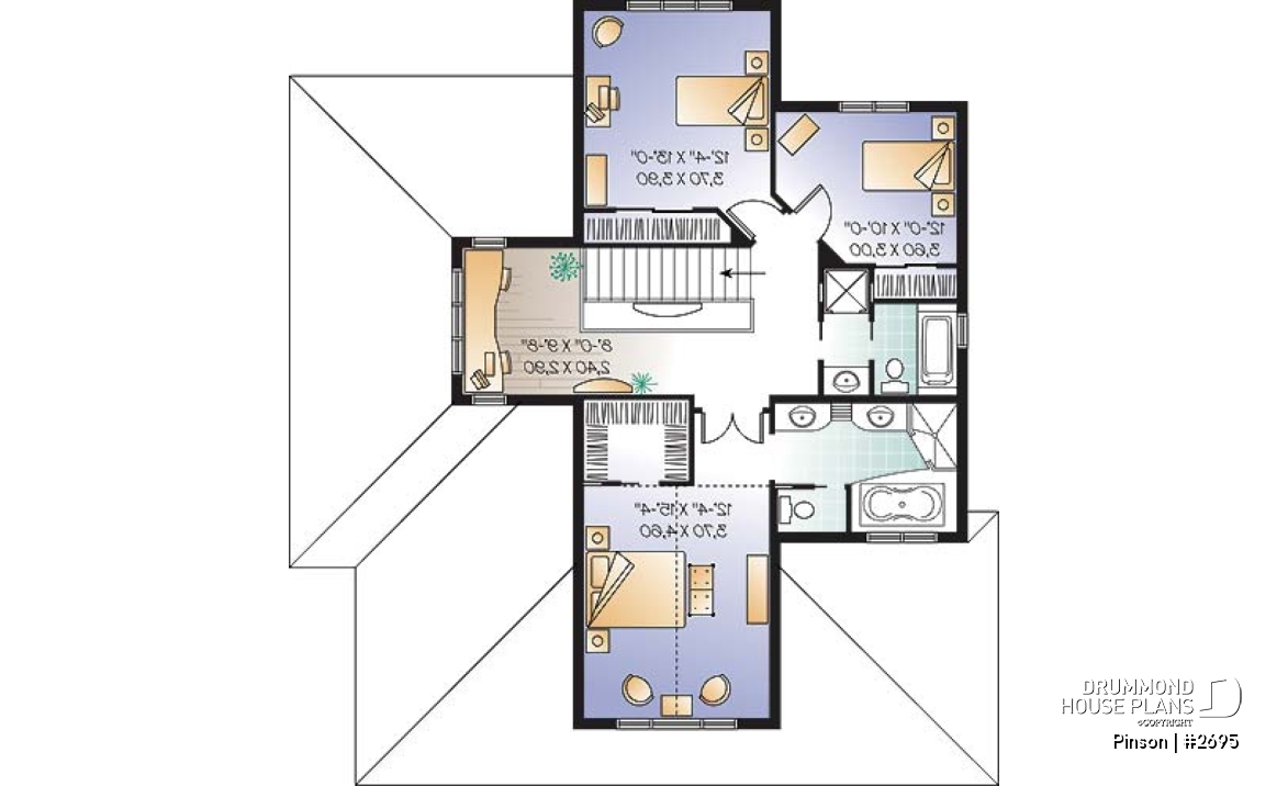 2nd level - Mediteranean style house plan,open floor plan, central  fireplace, laundry room, master suite, computer area - Pinson