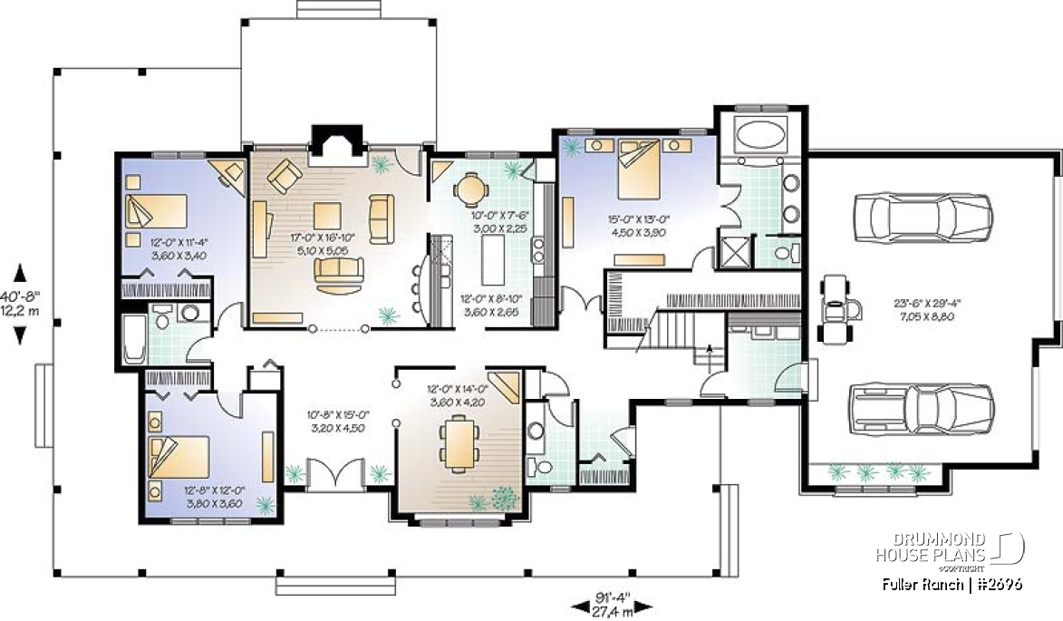1st level - Large 3 bedroom ranch style house plan, split bedrooms, large family room with fireplace, master suite - Fuller Ranch