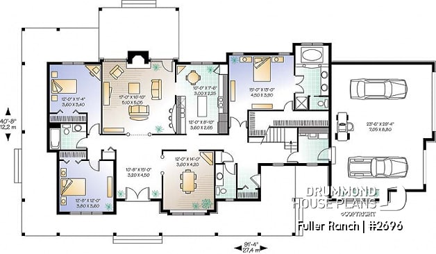 1st level - Large 3 bedroom ranch style house plan, split bedrooms, large family room with fireplace, master suite - Fuller Ranch