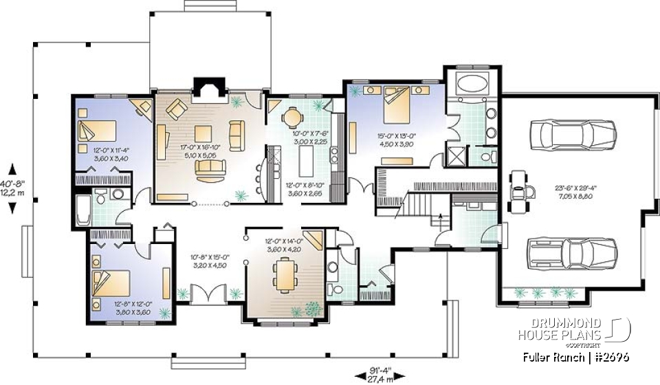 1st level - Large 3 bedroom ranch style house plan, split bedrooms, large family room with fireplace, master suite - Fuller Ranch