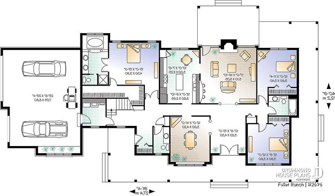 1st level - Large 3 bedroom ranch style house plan, split bedrooms, large family room with fireplace, master suite - Fuller Ranch