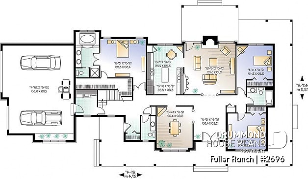1st level - Large 3 bedroom ranch style house plan, split bedrooms, large family room with fireplace, master suite - Fuller Ranch