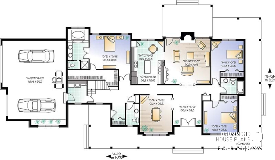 1st level - Large 3 bedroom ranch style house plan, split bedrooms, large family room with fireplace, master suite - Fuller Ranch