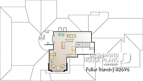2nd level - Large 3 to 4 bedroom ranch style house plan, split bedrooms, large family room with fireplace, master suite - Fuller Ranch