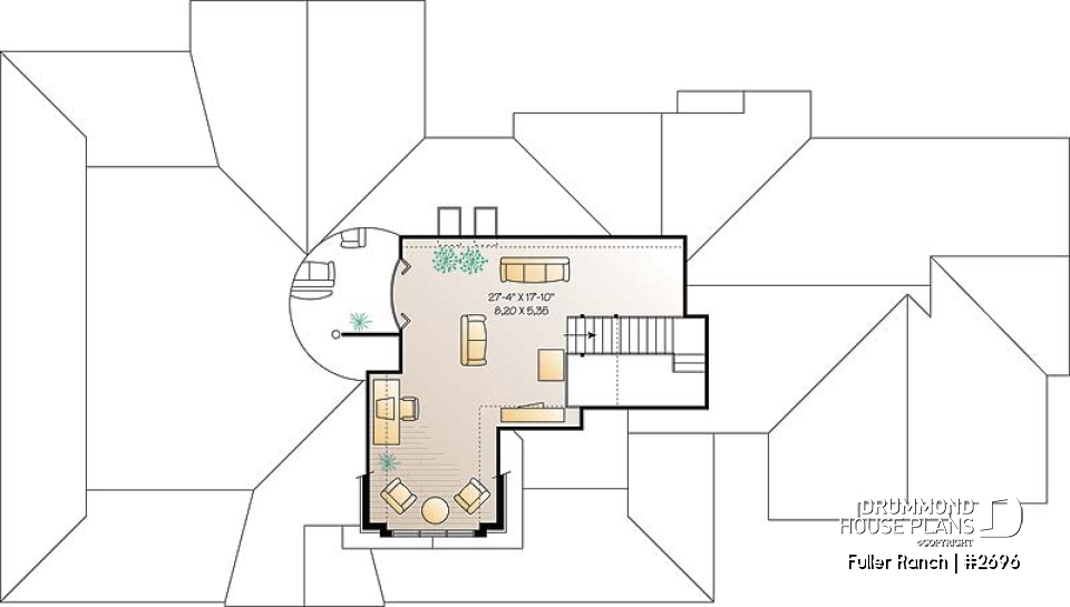 2nd level - Large 3 bedroom ranch style house plan, split bedrooms, large family room with fireplace, master suite - Fuller Ranch