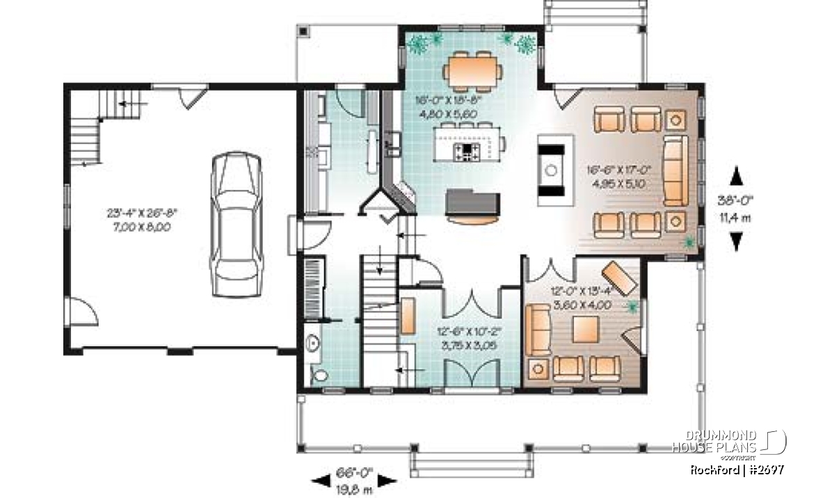1st level - Beautiful country house plan with 2-car garage,  large master suite, living room, fireplace, media room or den - Rockford