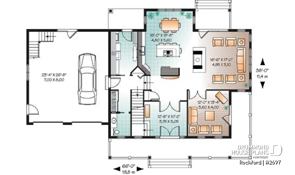 1st level - Beautiful country house plan with 2-car garage,  large master suite, living room, fireplace, media room or den - Rockford