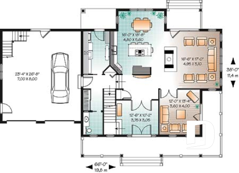 1st level - Beautiful country house plan with 2-car garage,  large master suite, living room, fireplace, media room or den - Rockford