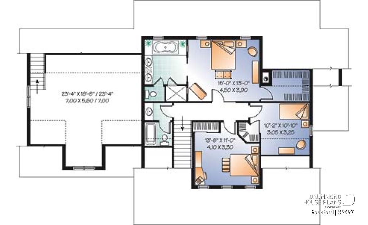 2nd level - Beautiful country house plan with 2-car garage,  large master suite, living room, fireplace, media room or den - Rockford
