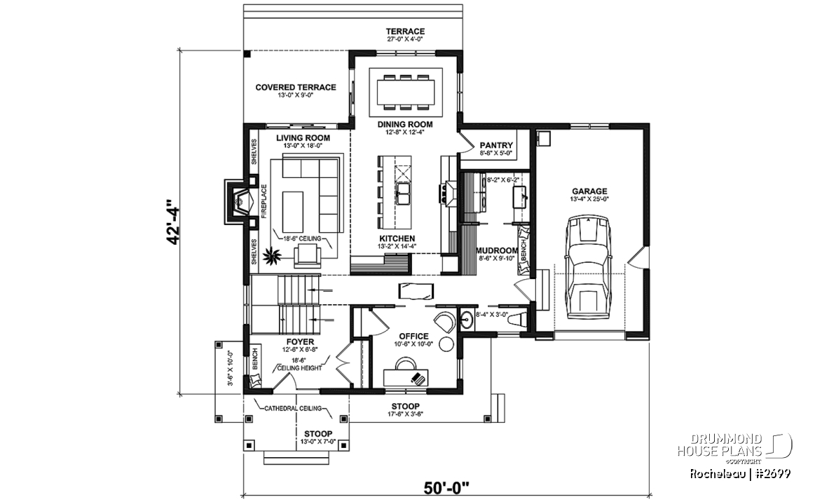 1st level - 2 to 4 bedroom floor plan, 2 story house, garage, pantry, sheltered terrace, optional finished basement ($) - Rocheleau