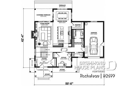 1st level - 2 to 4 bedroom floor plan, 2 story house with garage, pantry, mudroom, sheltered terrace - Rocheleau