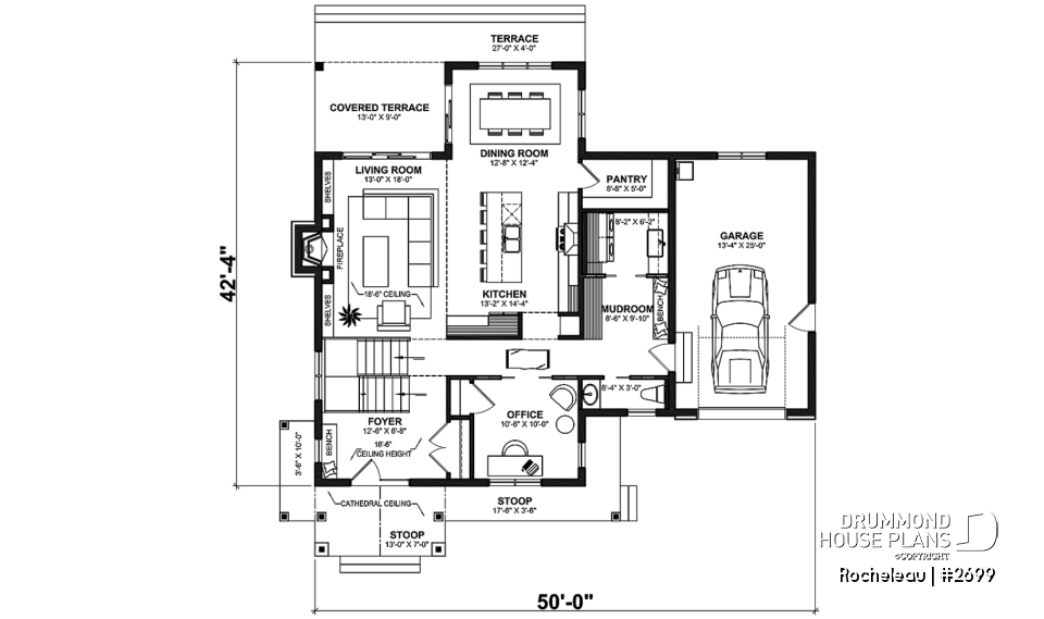 1st level - 2 to 4 bedroom floor plan, 2 story house, garage, pantry, sheltered terrace, optional finished basement ($) - Rocheleau