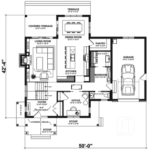 1st level - 2 to 4 bedroom floor plan, 2 story house, garage, pantry, sheltered terrace, optional finished basement ($) - Rocheleau