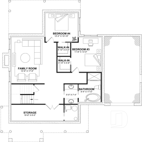 Finished basement (Optional $) - 2 to 4 bedroom floor plan, 2 story house, garage, pantry, sheltered terrace, optional finished basement ($) - Rocheleau