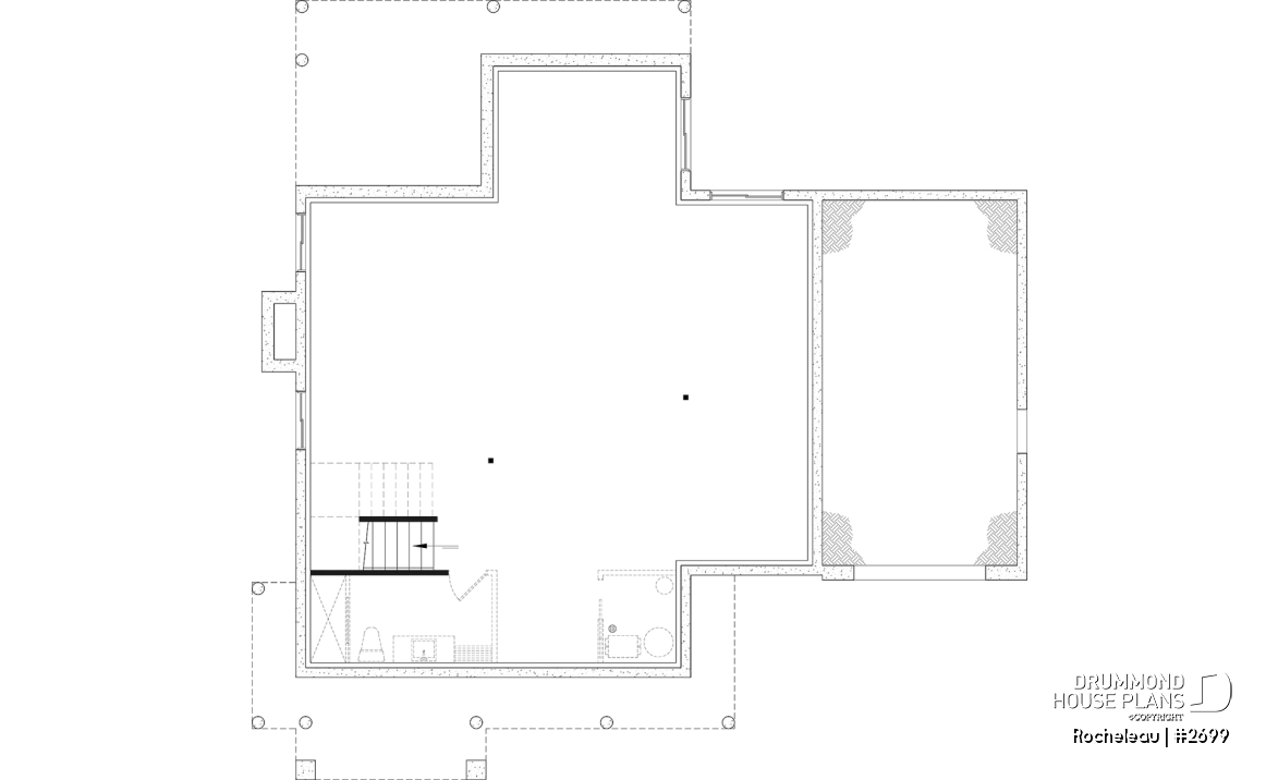 Unfinished basement - 2 to 4 bedroom floor plan, 2 story house, garage, pantry, sheltered terrace, optional finished basement ($) - Rocheleau