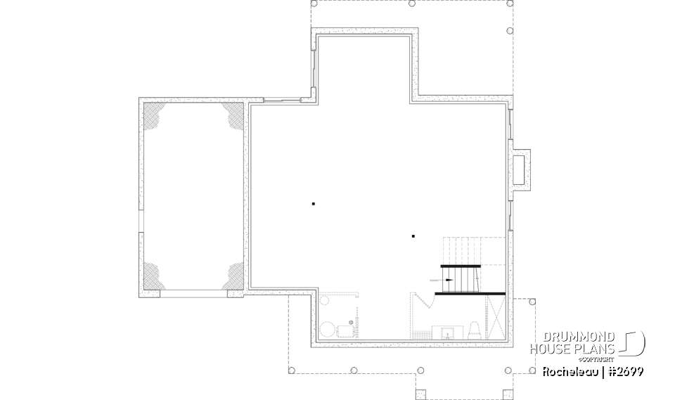 Unfinished basement - 2 to 4 bedroom floor plan, 2 story house, garage, pantry, sheltered terrace, optional finished basement ($) - Rocheleau