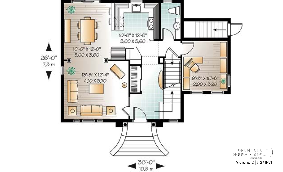 1st level - 2 floor Victorian style home plan with 3 bedrooms and a good size home office (den) - Victoria 2