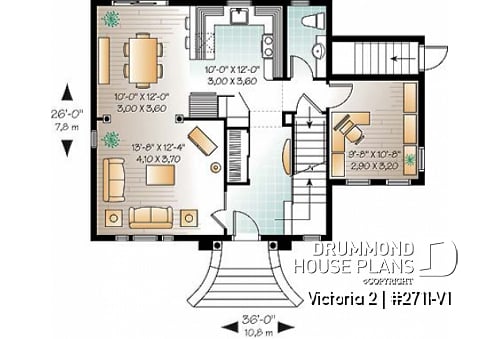 1st level - 2 floor Victorian style home plan with 3 bedrooms and a good size home office (den) - Victoria 2