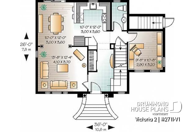1st level - 2 floor Victorian style home plan with 3 bedrooms and a good size home office (den) - Victoria 2