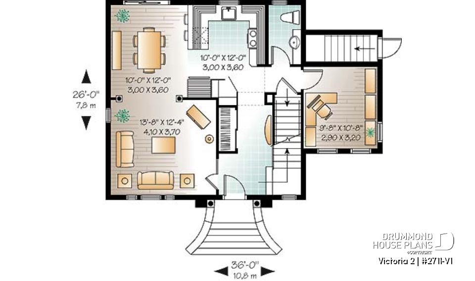 1st level - 2 floor Victorian style home plan with 3 bedrooms and a good size home office (den) - Victoria 2