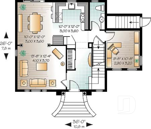 1st level - 2 floor Victorian style home plan with 3 bedrooms and a good size home office (den) - Victoria 2