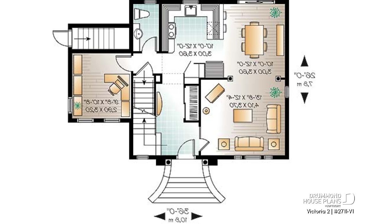 1st level - 2 floor Victorian style home plan with 3 bedrooms and a good size home office (den) - Victoria 2