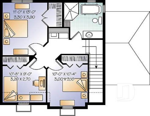 2nd level - 2 floor Victorian style home plan with 3 bedrooms and a good size home office (den) - Victoria 2