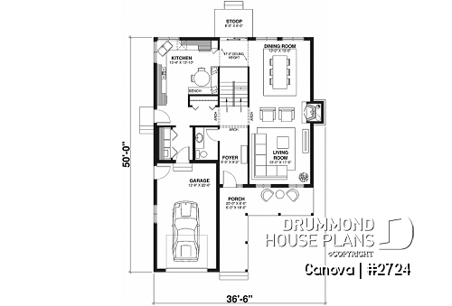 1st level - Narrow lot two-storey house with open floor plan, fireplace, kitchen nook, 3 bedroom, large family bathroom - Canova