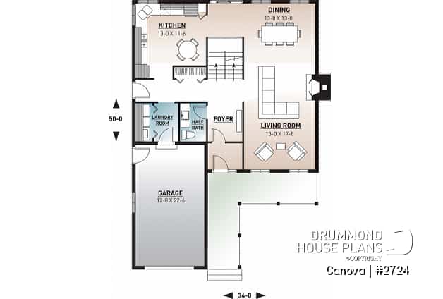 1st level - Narrow lot two-storey house with open floor plan, fireplace, kitchen nook, 3 bedroom, large family bathroom - Canova