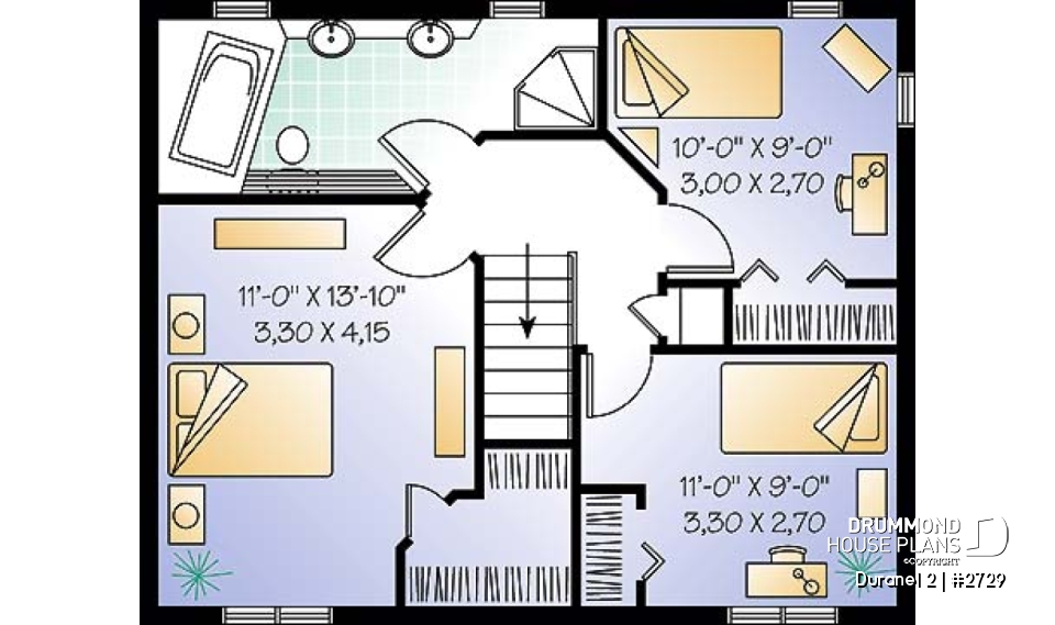 2nd level - Country &amp; rustic home design, transitional style home plan, 3 bedrooms, open floor plan, double sink - Duranel 2