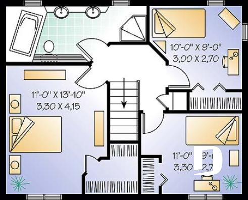2nd level - Country & rustic home design, transitional style home plan, 3 bedrooms, open floor plan, double sink - Duranel 2