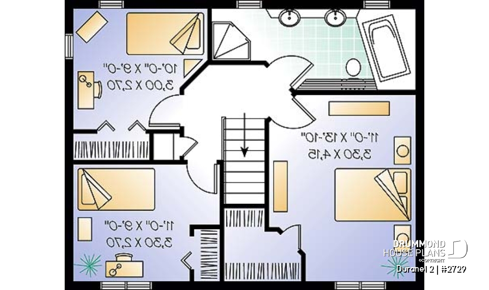 2nd level - Country &amp; rustic home design, transitional style home plan, 3 bedrooms, open floor plan, double sink - Duranel 2