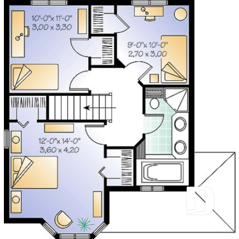 2nd level - Victorian inspired cottage plan, 3 bedrooms, abundant fenestration, shutters, open space - Davenport